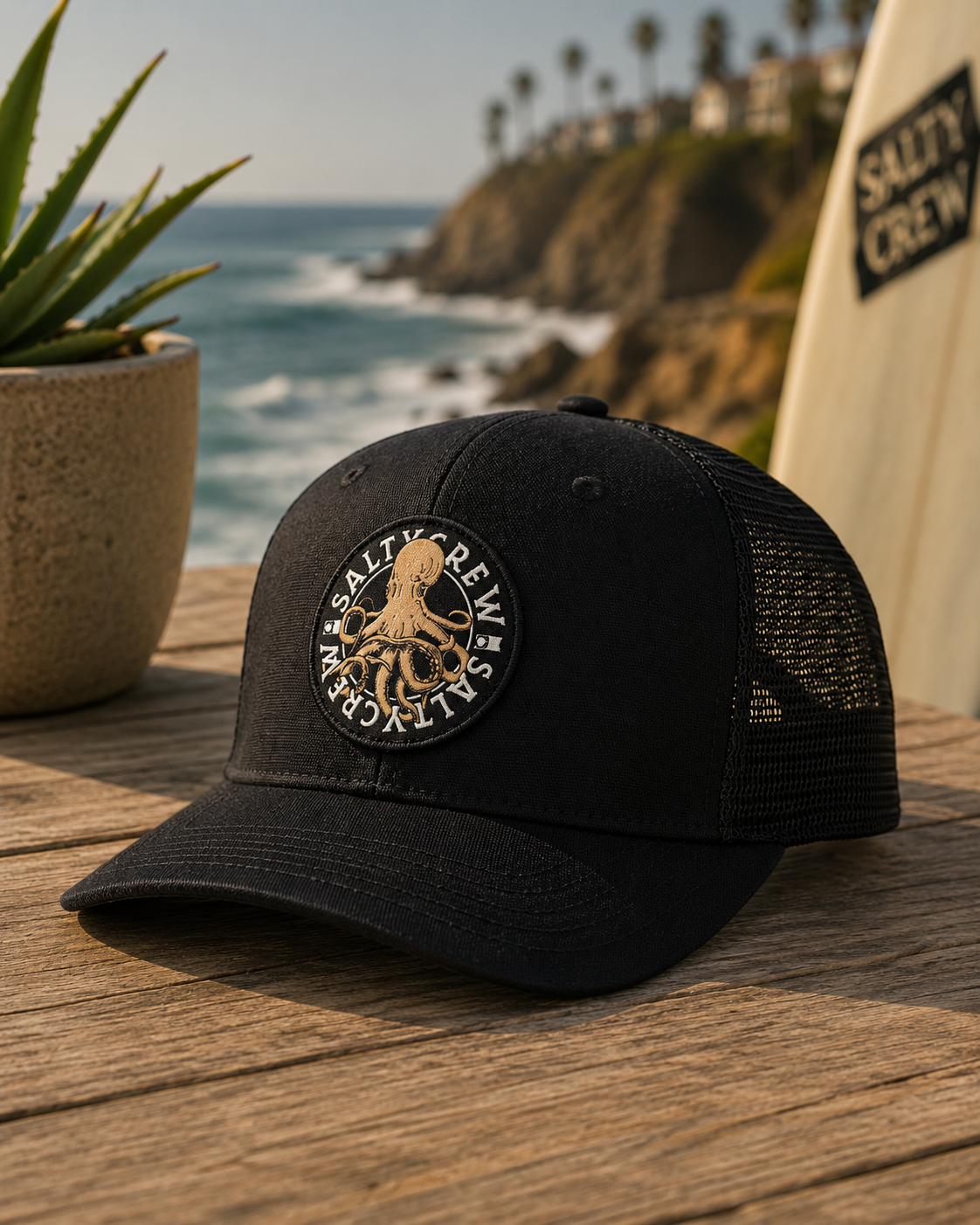 Gorra Salty Crew Tentacles Retro Trucker Black en entorno lifestyle premium con inspiración surf y ambiente Costa del Sol