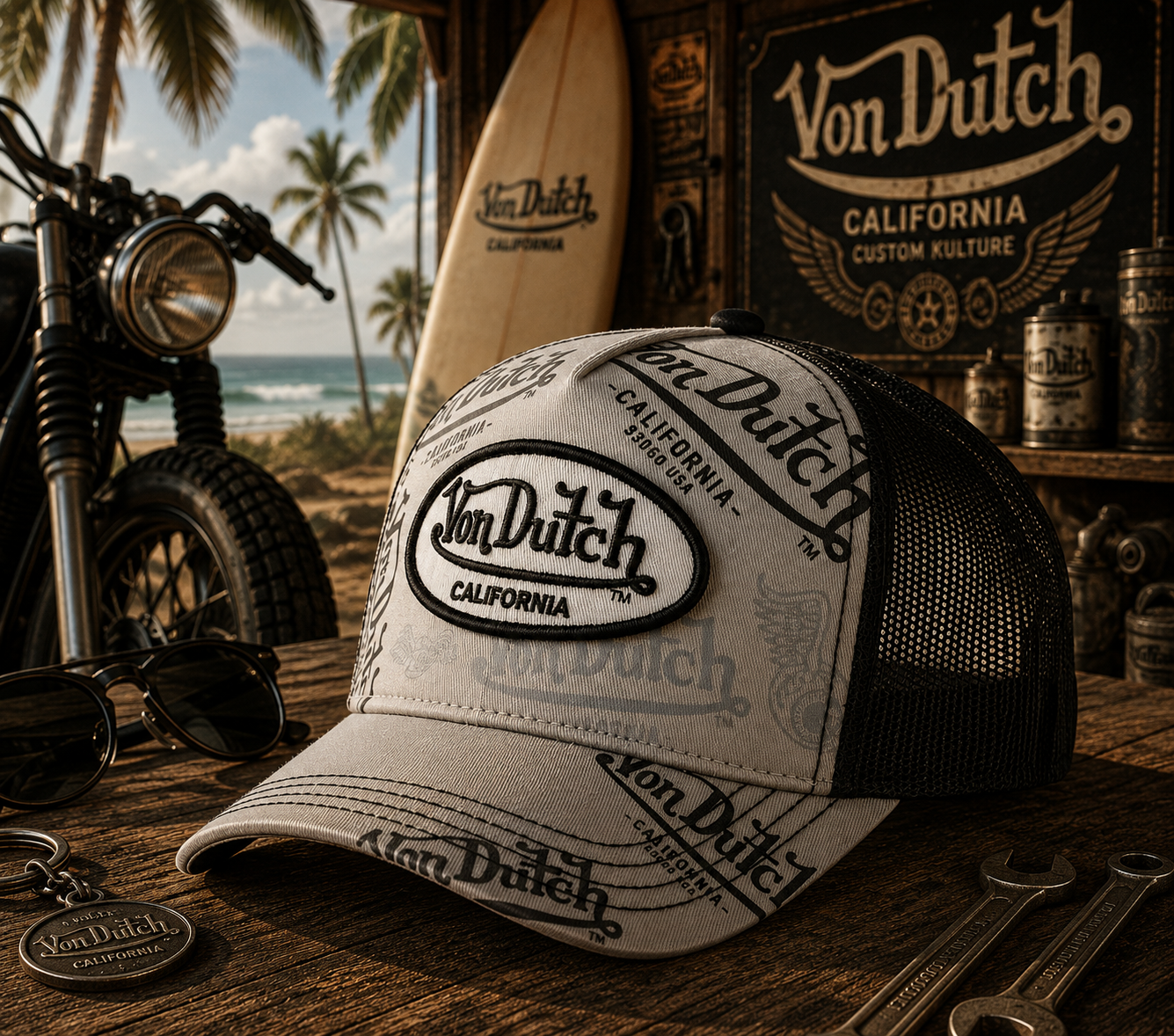 Gorra trucker gris y negra Cafe02 de Von Dutch con estilo motero surfero vintage premium
