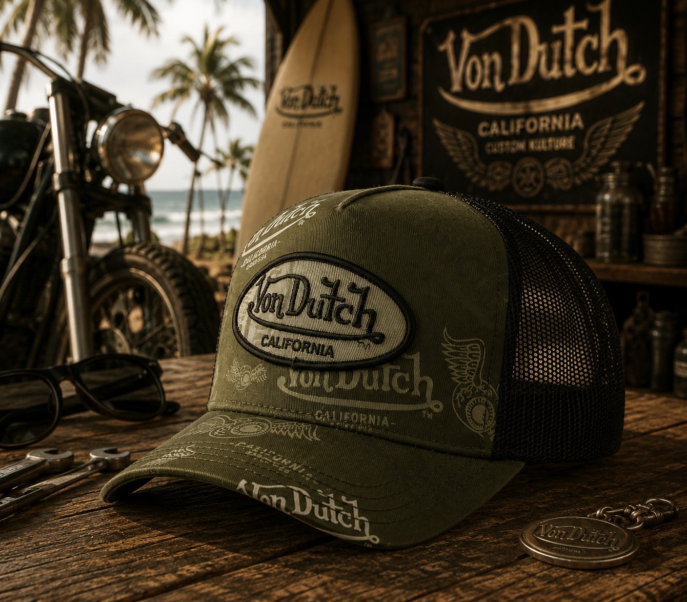Gorra trucker verde y negra Cafe01 de Von Dutch con estilo motero surfero vintage premium