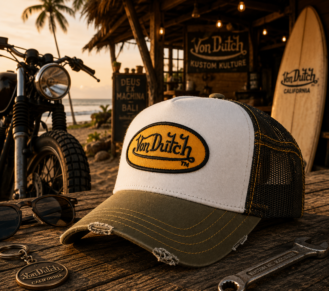 Gorra trucker Von Dutch blanca negra y verde en escenario surf motero Bali custom culture premium