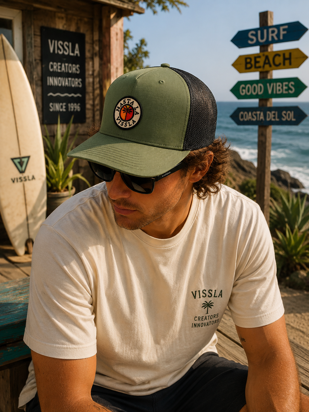Gorra Vissla Solid Sets Eco Trucker Army en ambiente surf lifestyle premium junto al mar
