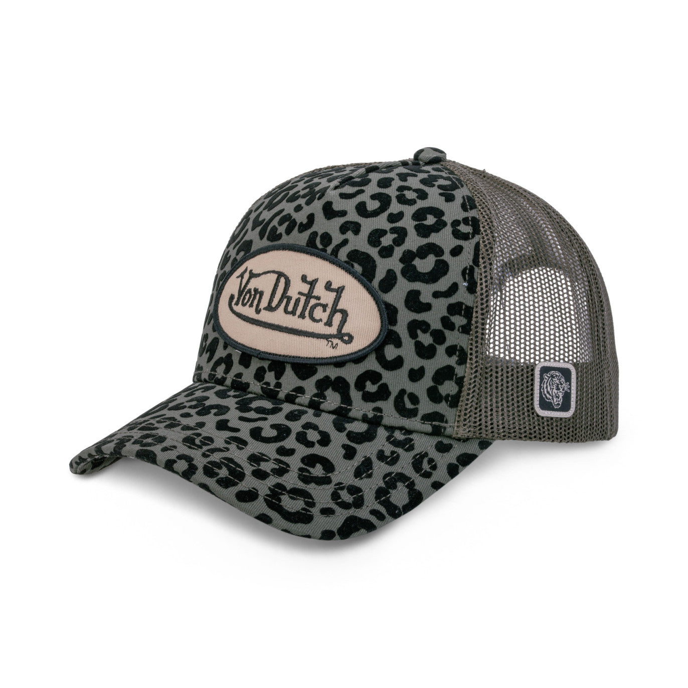 gorra von dutch de leopardo negro con logo von dutch bordado en la parte delantera en color khaki y rejilla gris trasera