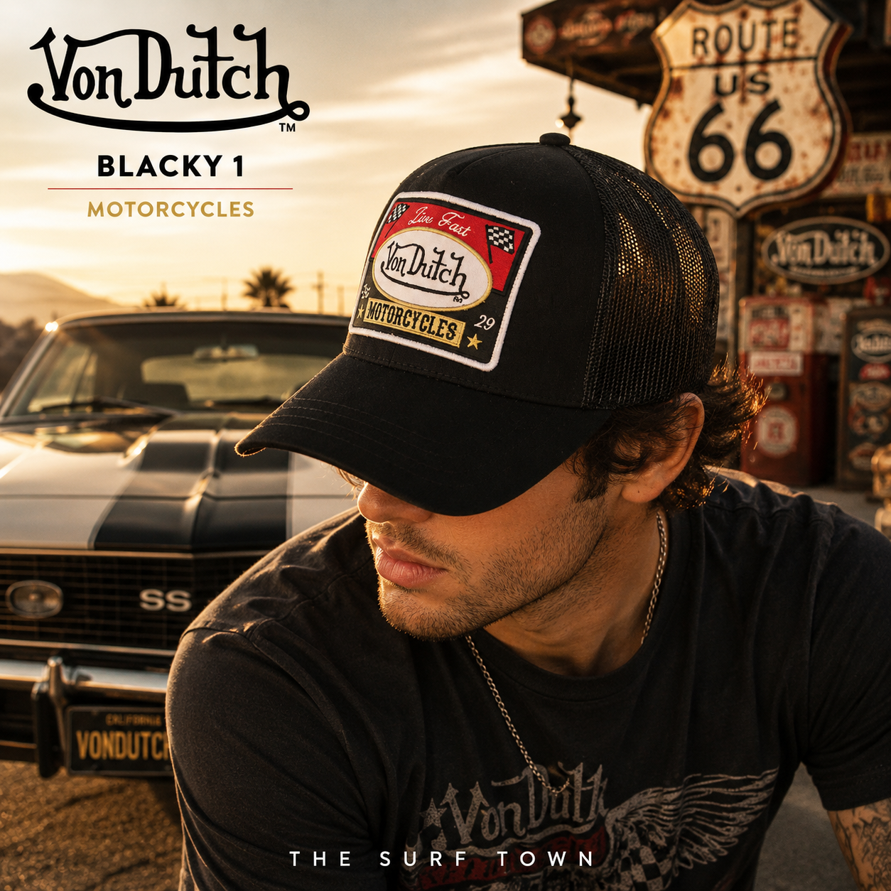 Gorra Von Dutch Blacky 1 Trucker Cap negra con parche Motorcycles bordado y rejilla trasera en fotografía editorial propia de THE SURF TOWN inspirada en la cultura motera americana, Route 66 y el estilo trucker vintage de California.