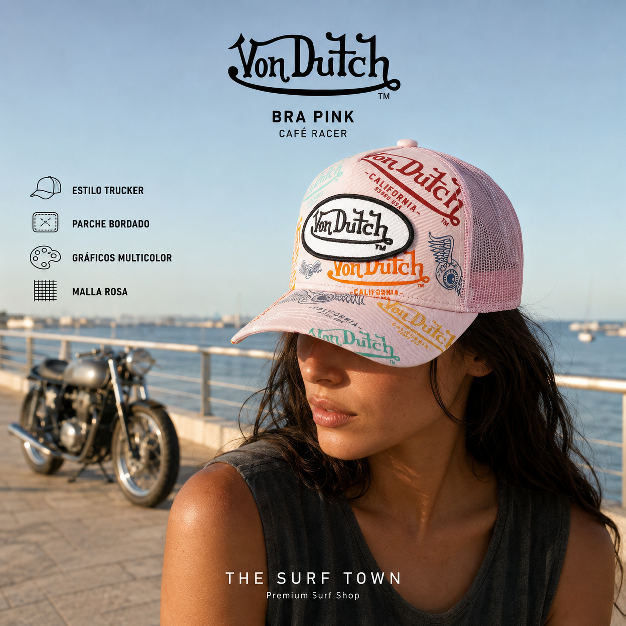 Mujer con Gorra Von Dutch Bra Pink en una imagen editorial propia de THE SURF TOWN de estética café racer.