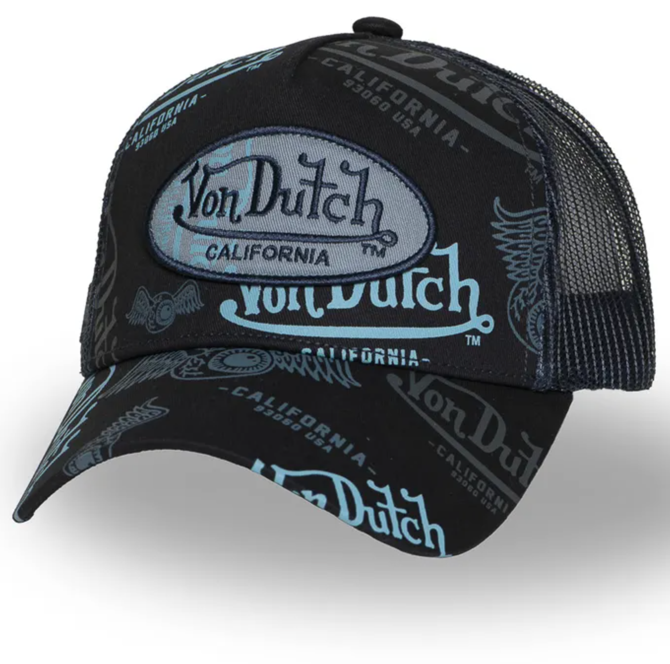 gorra von dutch cafe 06 de color negro con parche delantero y logos en tonos azules