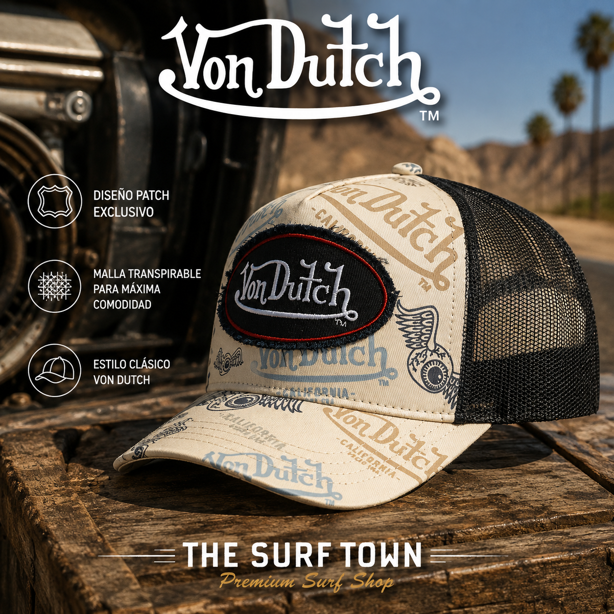 Gorra Von Dutch Cafe 11 beige y negra estilo trucker - imagen editorial propia de THE SURF TOWN