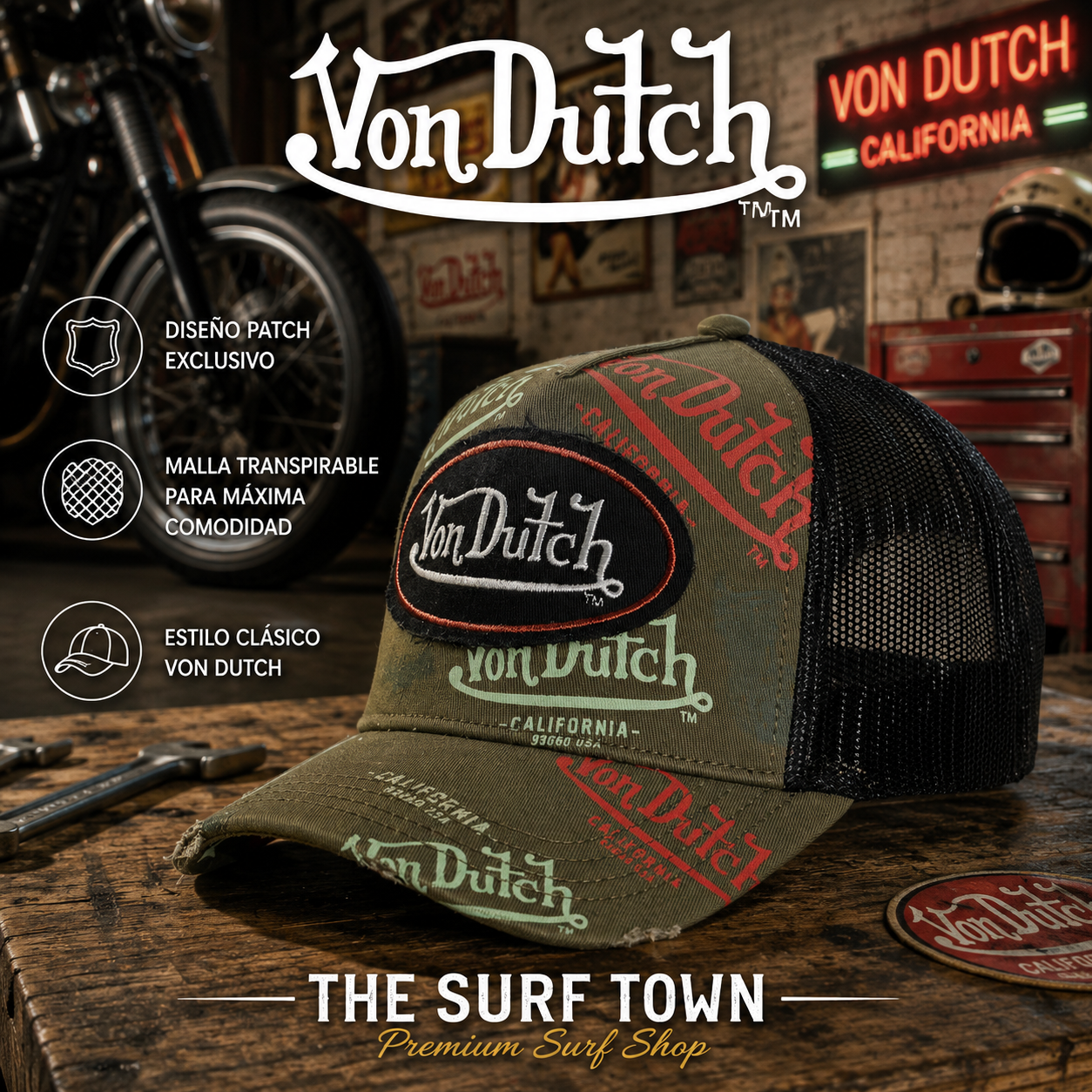 Gorra Von Dutch Cafe 12 verde oliva y negra estilo trucker - imagen editorial propia de THE SURF TOWN