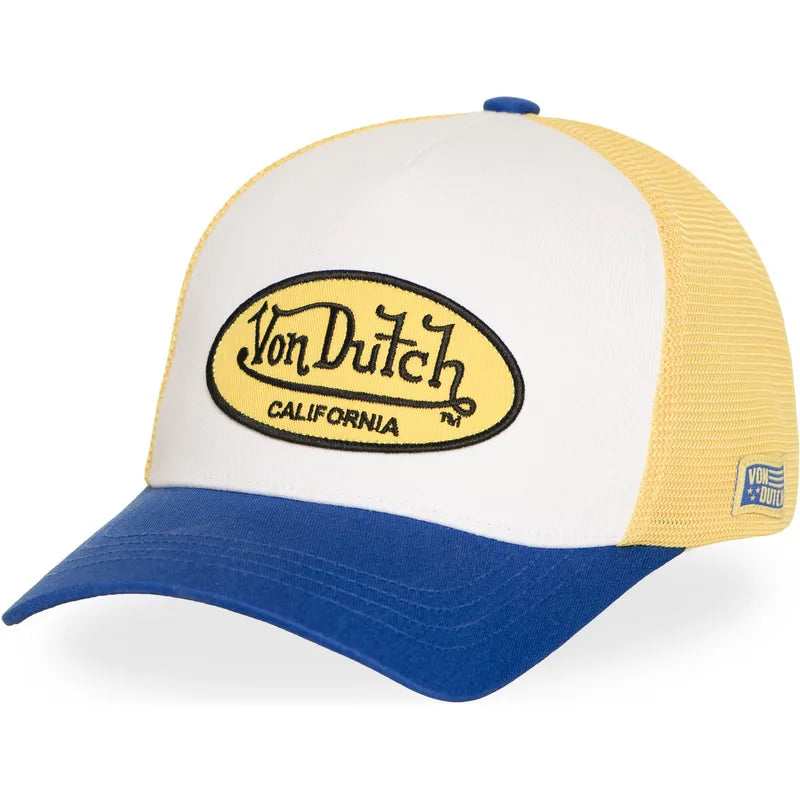 Gorra Von Dutch CB Terry 01 trucker blanca, amarilla y azul con malla trasera y logo frontal bordado