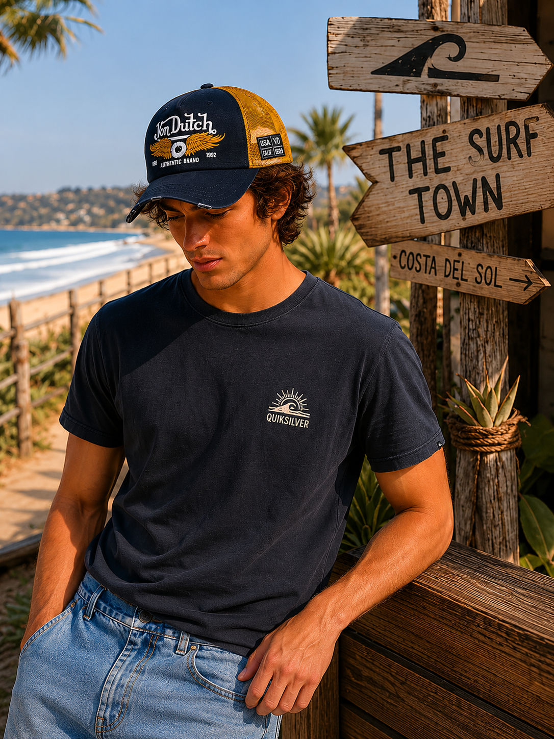 Gorra Von Dutch Crew 14 Trucker vintage racing azul y amarilla en escenario lifestyle surf Costa del Sol, Torremolinos, La Carihuela, THE SURF TOWN