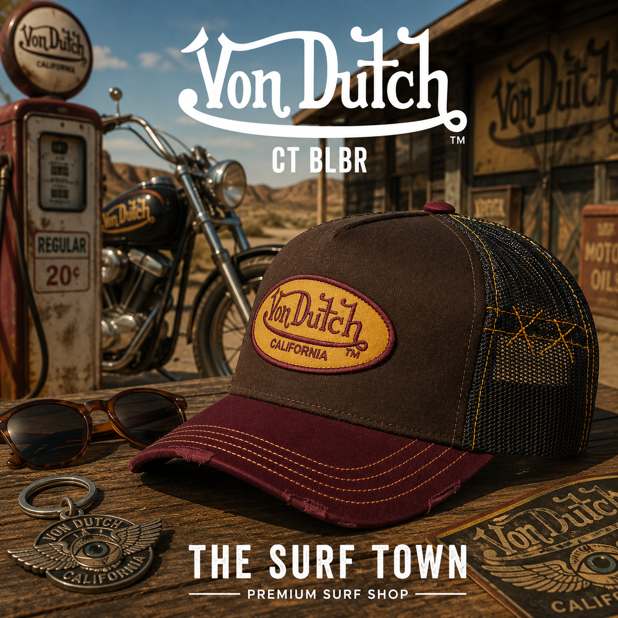 Gorra Von Dutch CT BLBR en una fotografía editorial exclusiva creada por THE SURF TOWN con estética café racer, gasolinera vintage americana y luz natural diurna, destacando el parche bordado Von Dutch, el diseño trucker premium y la combinación de marrón, burdeos y negro.