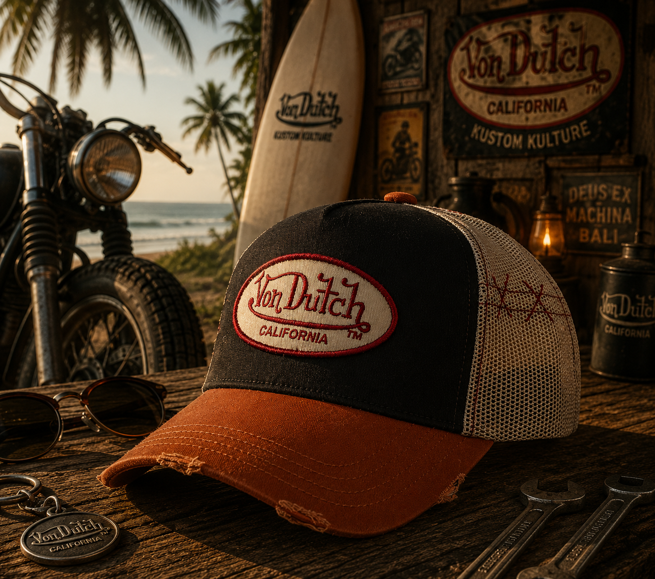 Gorra Von Dutch California trucker vintage negra y marrón en escena surf motera Bali estilo custom culture premium