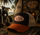 Gorra Von Dutch California trucker vintage negra y marrón en escena surf motera Bali estilo custom culture premium
