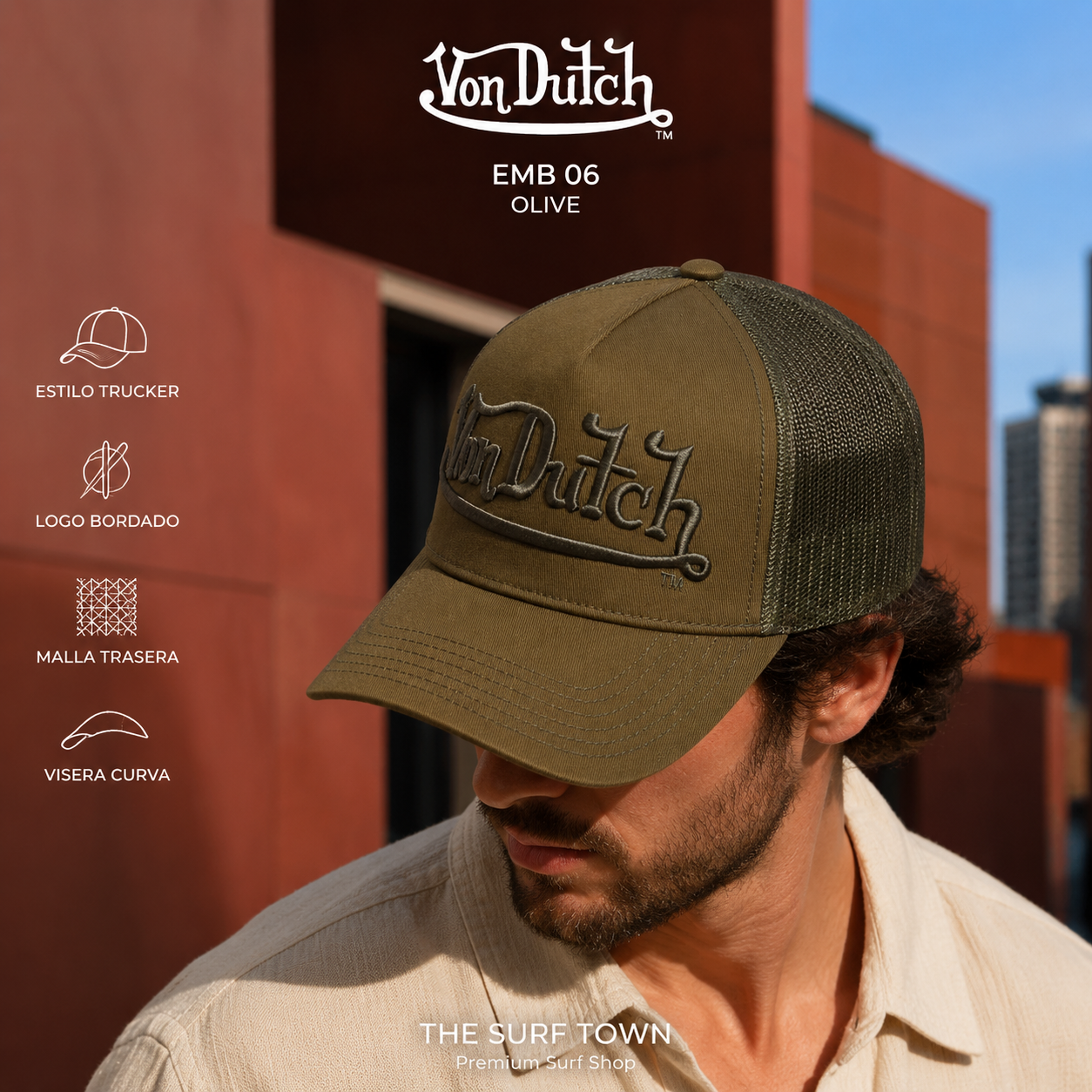 Gorra Von Dutch EMB 06 verde oliva en imagen editorial propia de THE SURF TOWN