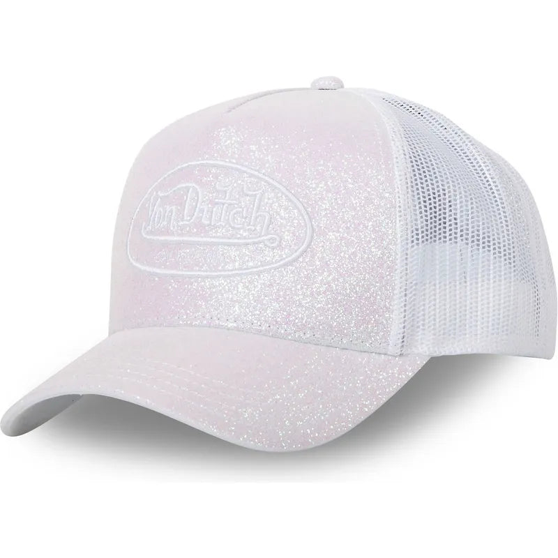 Gorra Von Dutch Glitter Pink rosa con efecto brillo, malla trasera y logo frontal bordado