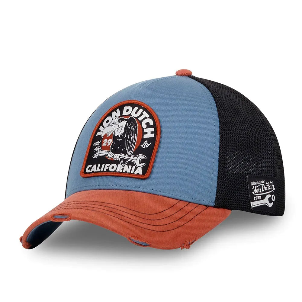 gorra von dutch con visera de color tierra con rotos copa azul rejilla negra y parche de buiter con letras von dutch california