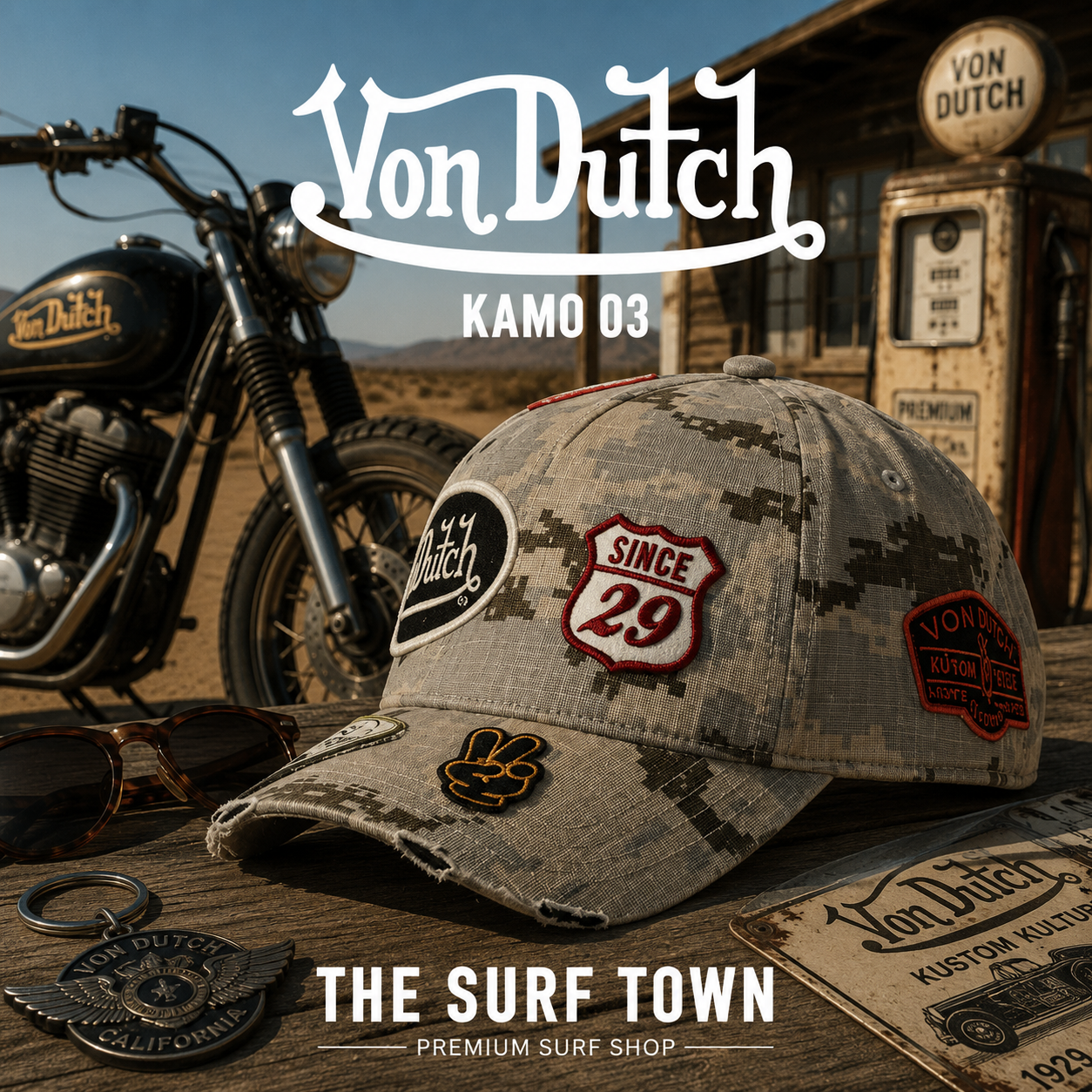Gorra Von Dutch Kamo 03 en una fotografía editorial exclusiva creada por THE SURF TOWN con estética café racer, desierto americano y luz natural diurna, destacando el estampado camuflaje digital, los parches bordados y el diseño premium.