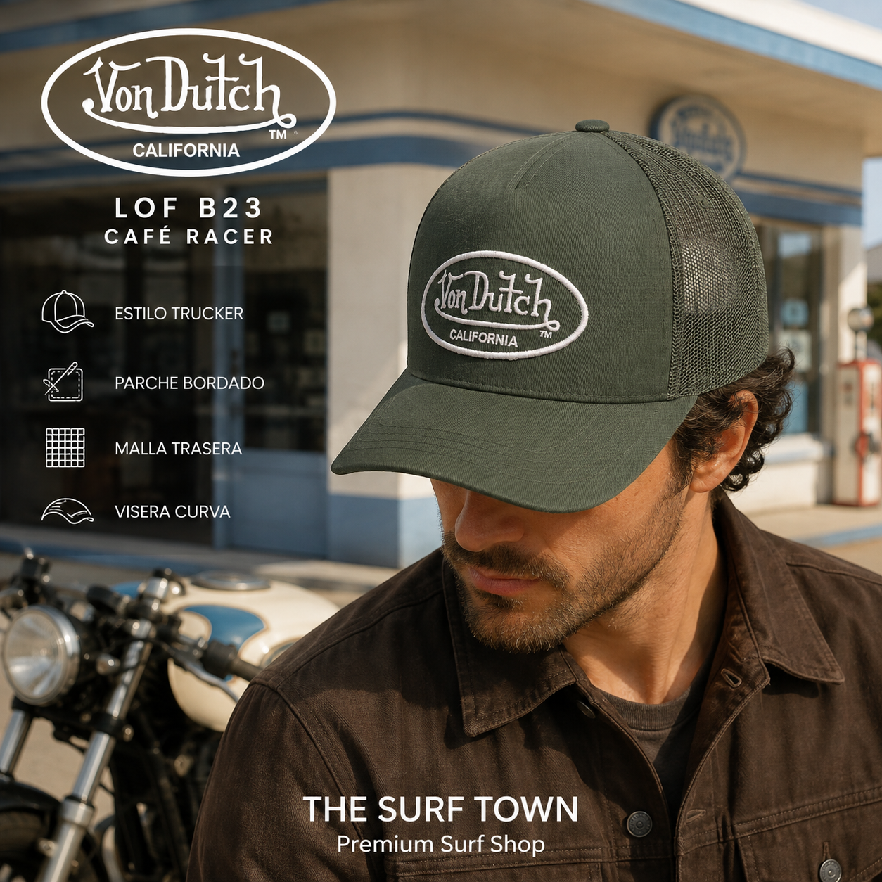 Gorra Von Dutch LOF B23 verde en escena café racer, imagen editorial propia de THE SURF TOWN