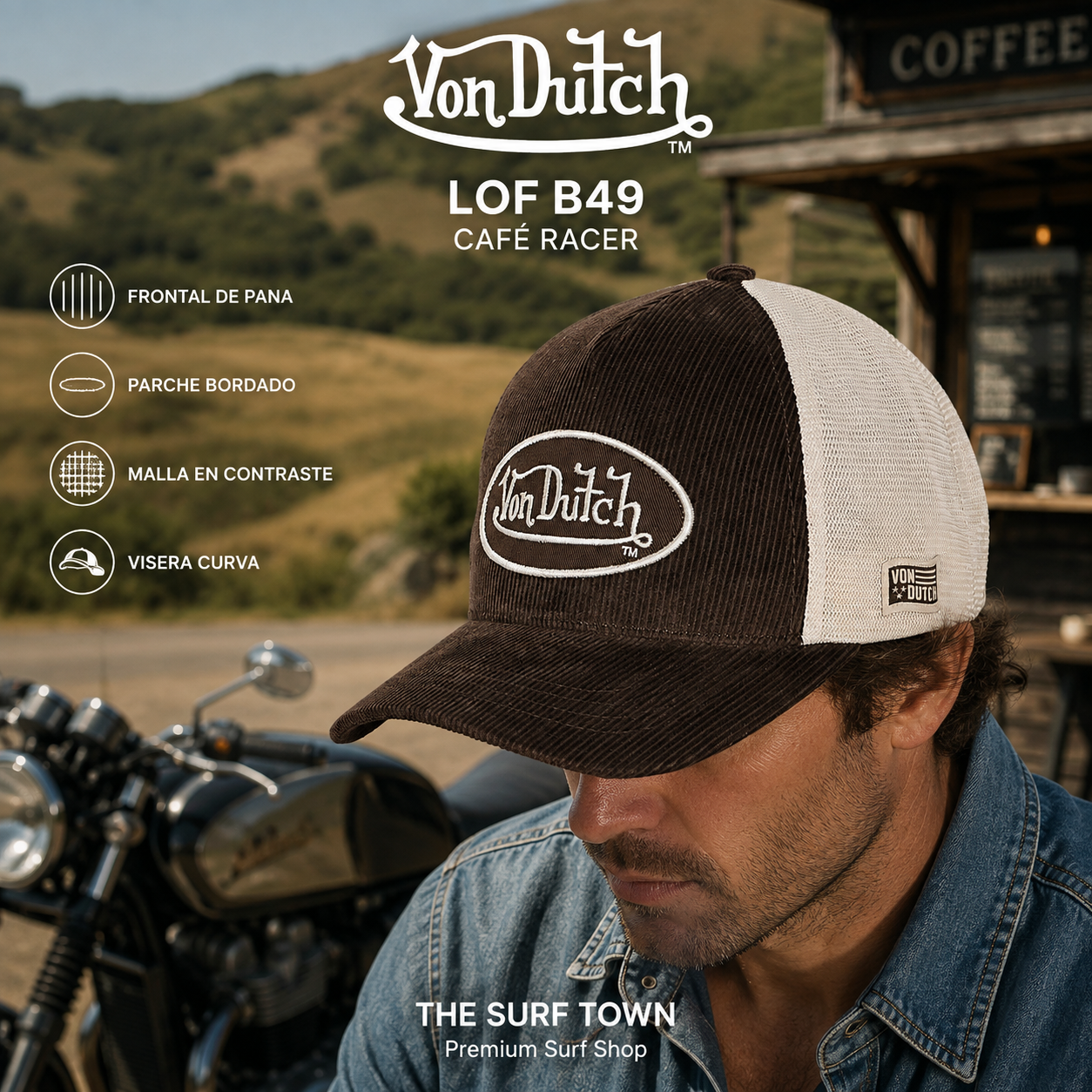 Gorra Von Dutch LOF B49 marrón y beige en escena café racer, imagen editorial propia de THE SURF TOWN