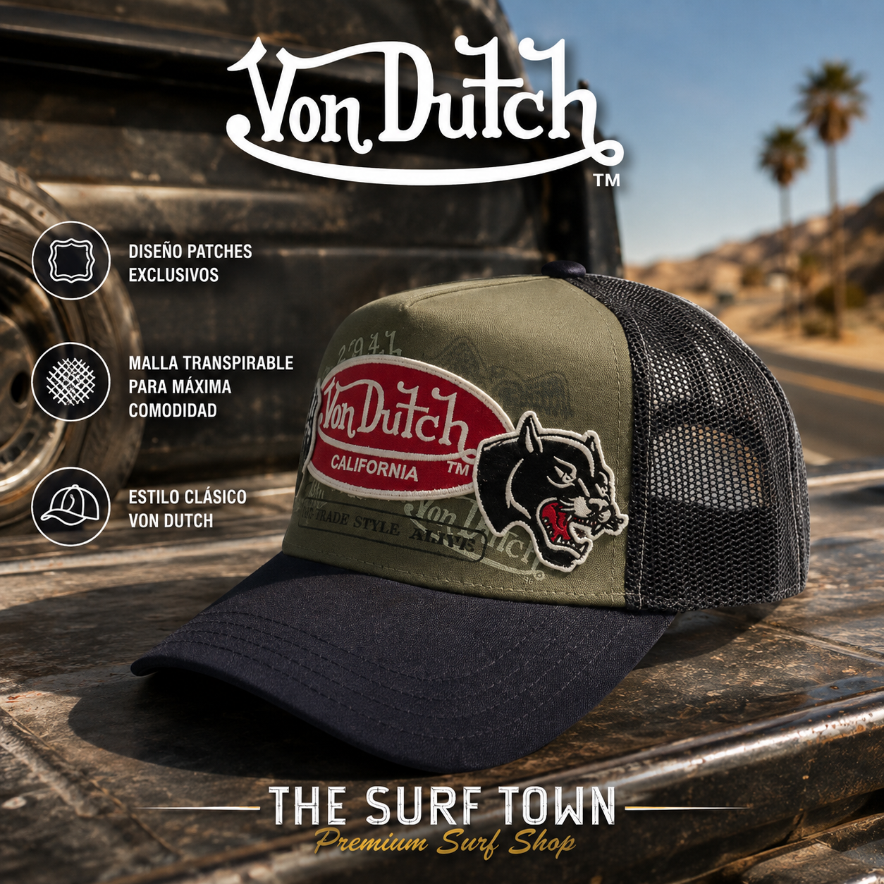 Gorra Von Dutch Patches 05 verde oliva y negra - imagen editorial propia de THE SURF TOWN