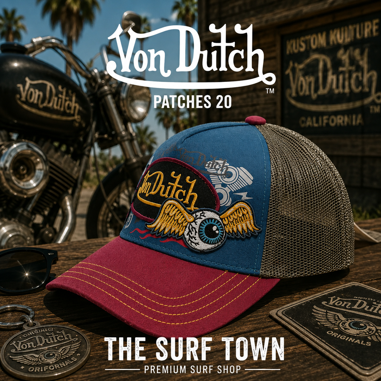 Gorra Von Dutch Patches 20 en una fotografía editorial exclusiva creada por THE SURF TOWN con estética café racer, moto custom y luz natural diurna, destacando los bordados multicolor, el diseño trucker premium y el parche frontal Von Dutch.