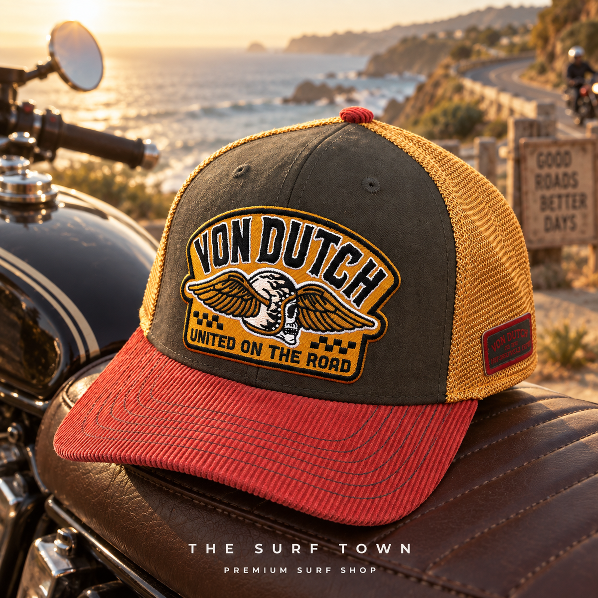 Gorra Von Dutch SEM19 en editorial café racer costera de THE SURF TOWN