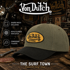 Gorra Von Dutch Terry FK verde oliva y negra con parche California - imagen editorial propia de THE SURF TOWN