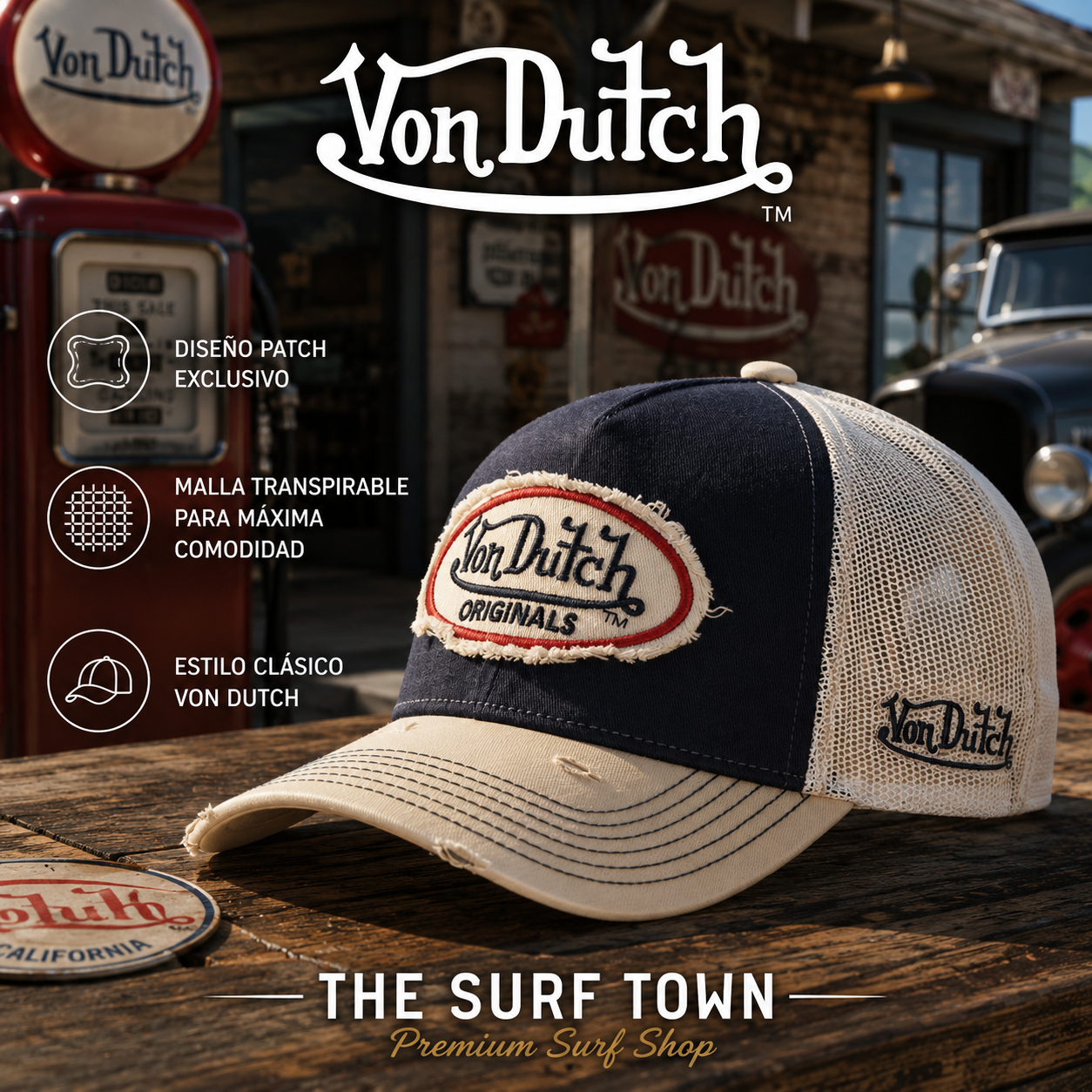 Gorra Von Dutch URB 07 azul marino y beige estilo trucker - imagen editorial propia de THE SURF TOWN