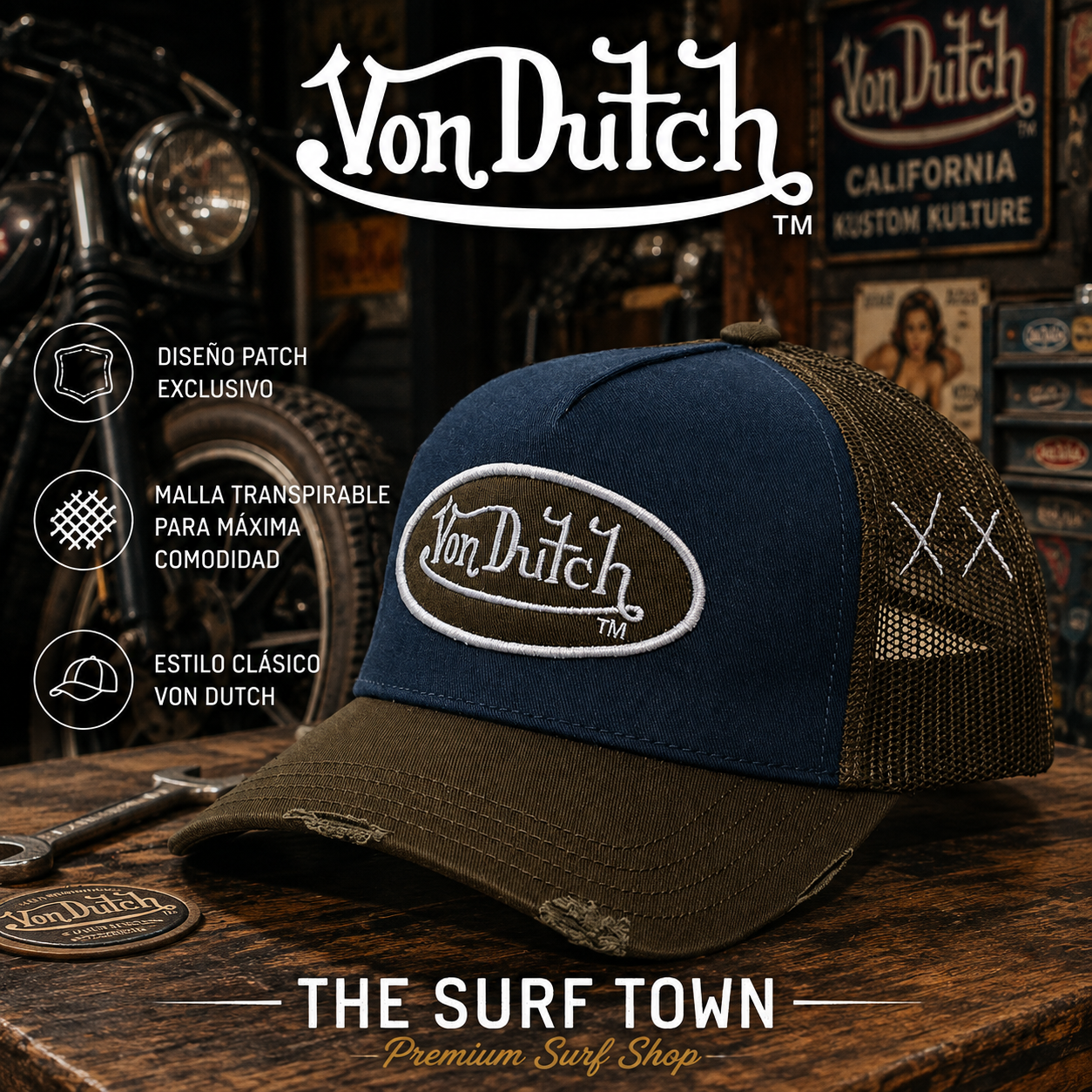 Gorra Von Dutch Used 14 azul marino y verde estilo trucker - imagen editorial propia de THE SURF TOWN