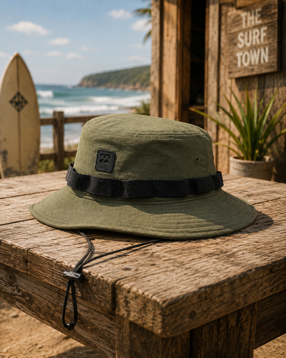 Gorro Billabong bucket hat militar hombre estilo surf lifestyle sobre mesa de madera frente al mar
