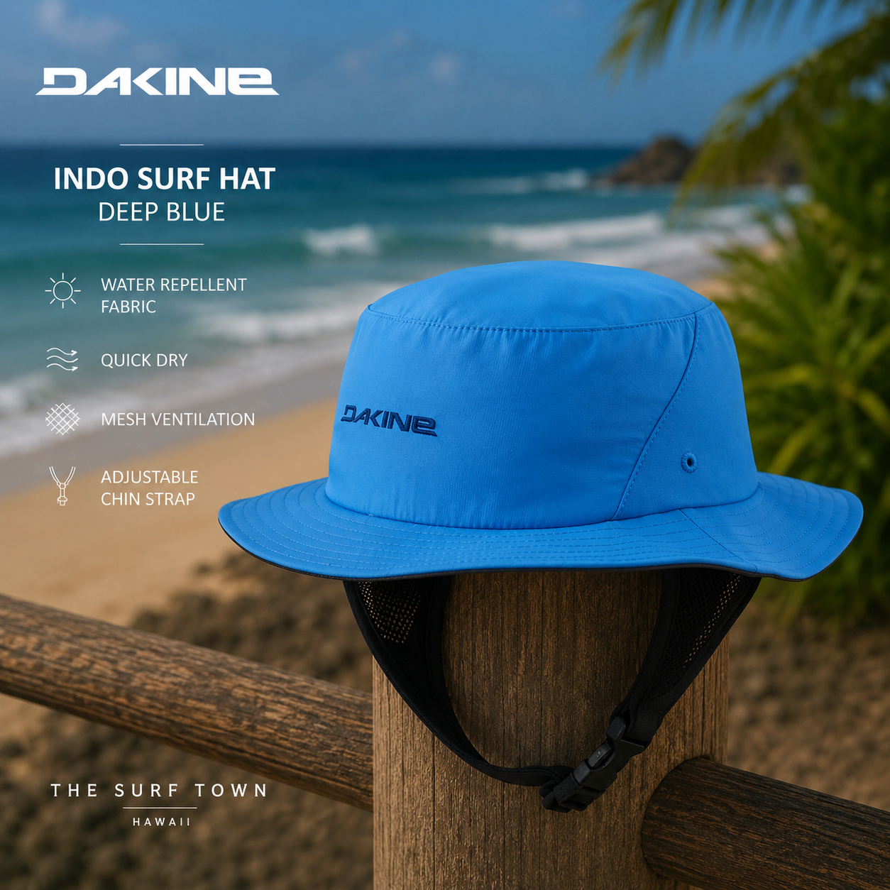 Gorro Dakine Indo Surf Hat Deep Blue en fotografía editorial propia de THE SURF TOWN junto al mar con protección solar, secado rápido y diseño técnico para surf y actividades acuáticas
