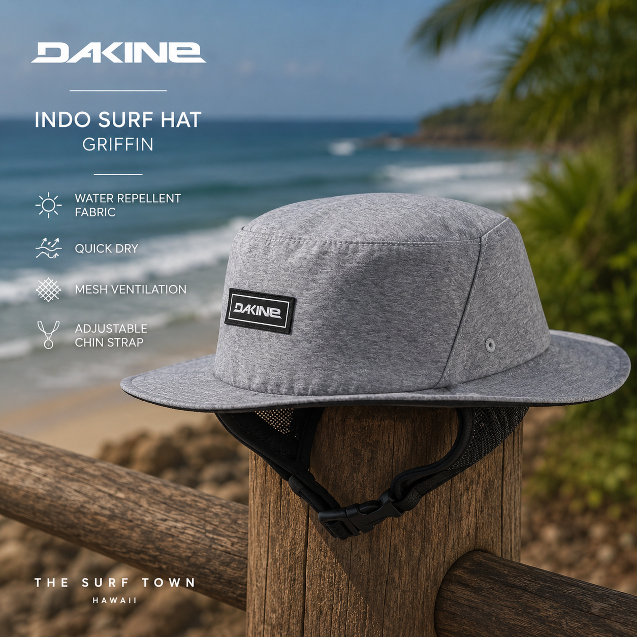 Gorro Dakine Indo Surf Hat Griffin en fotografía editorial propia de THE SURF TOWN junto al mar con protección solar, secado rápido y estilo surf técnico para actividades acuáticas