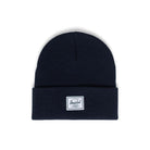 Gorro Herschel Elmer Black Iris azul marino de lana con etiqueta frontal estilo urbano invierno