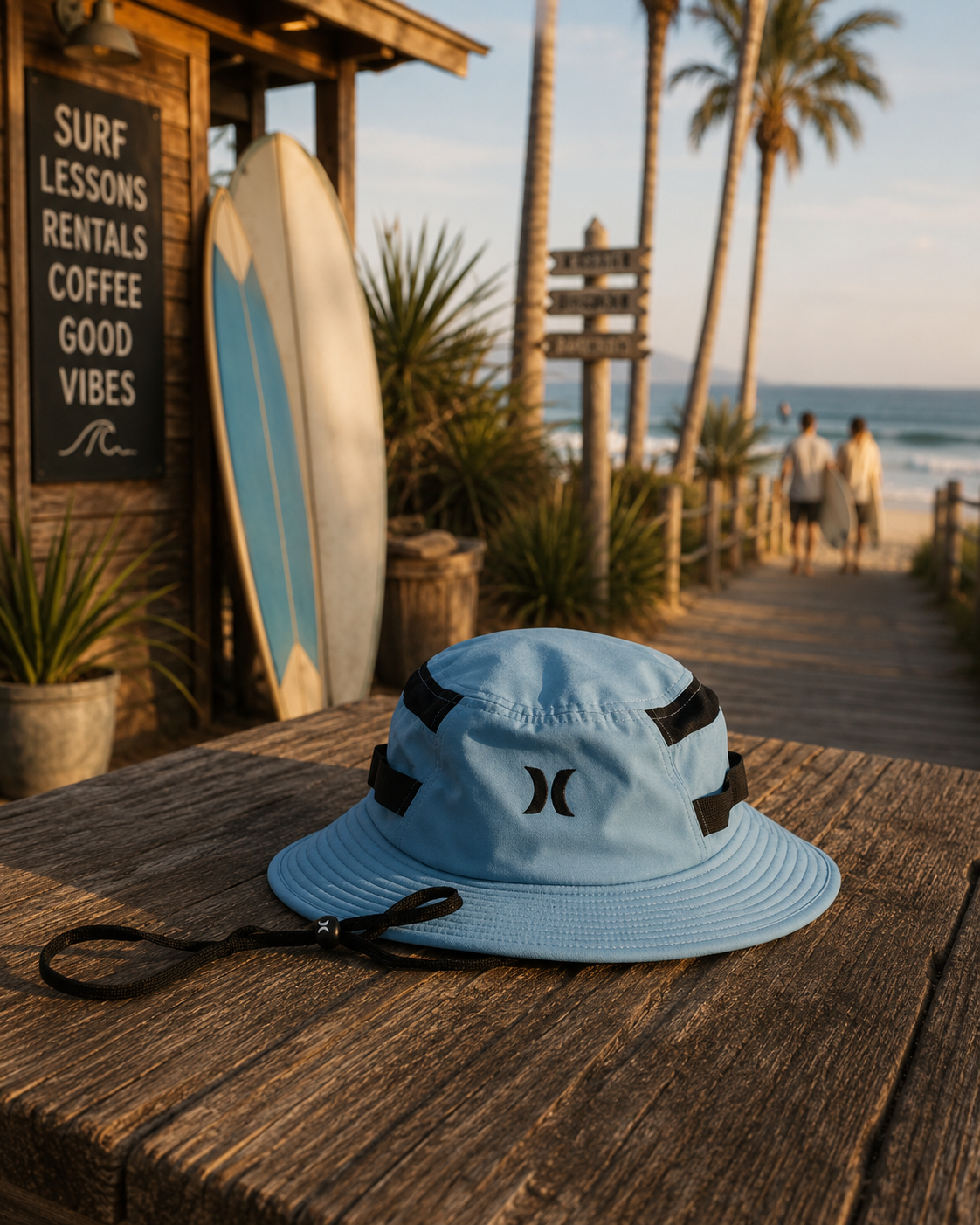 Gorro Hurley 1999 Boonie azul en mesa surf shack frente al mar estilo surf lifestyle premium
