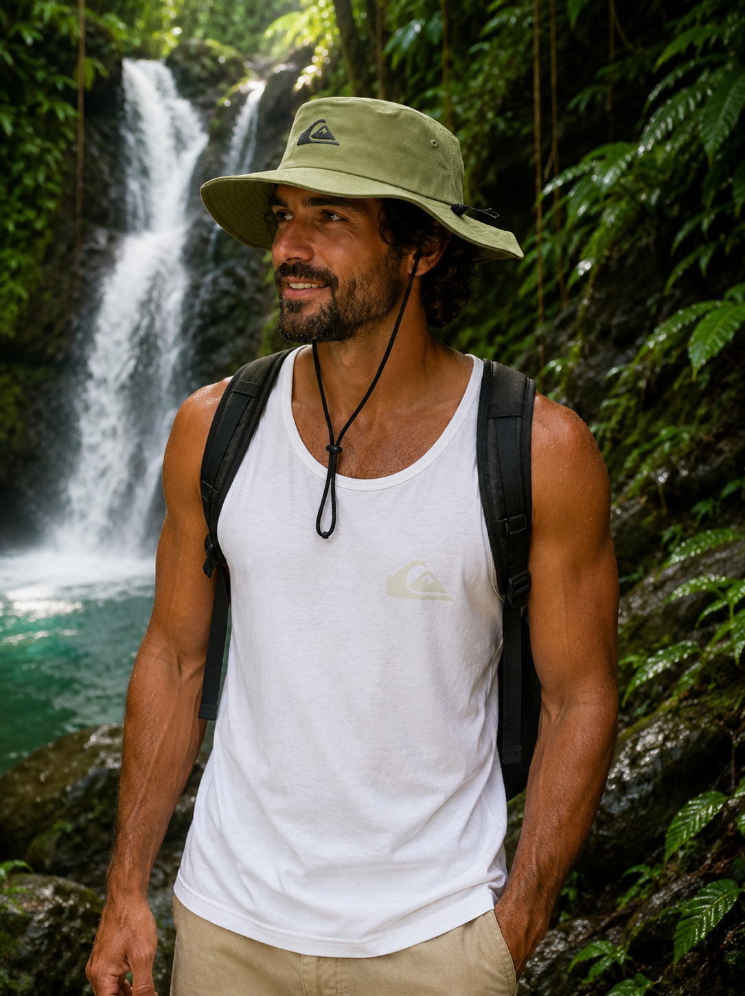 Gorro Quiksilver Bushmaster khaki en cascada tropical selva surf adventure premium