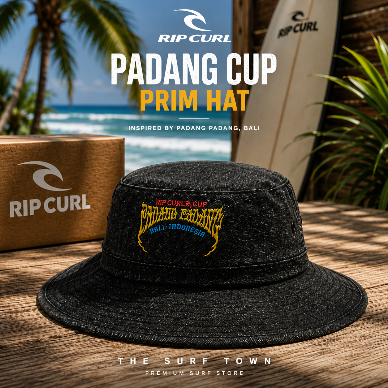 Gorro Rip Curl Padang Cup Prim Hat Black con fotografía editorial propia de THE SURF TOWN inspirada en Padang Padang Bali y el auténtico surf lifestyle de Indonesia