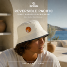 Imagen editorial propia de the surf town modelo con  gorro rip curl reversible Pacific Rinse en porsche de casa mirando al mar con fondo de pared ibicenca