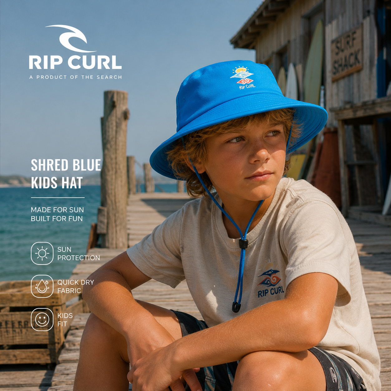 Gorro Rip Curl Shred Blue Kids azul para niños con protección solar en muelle surf junto al mar