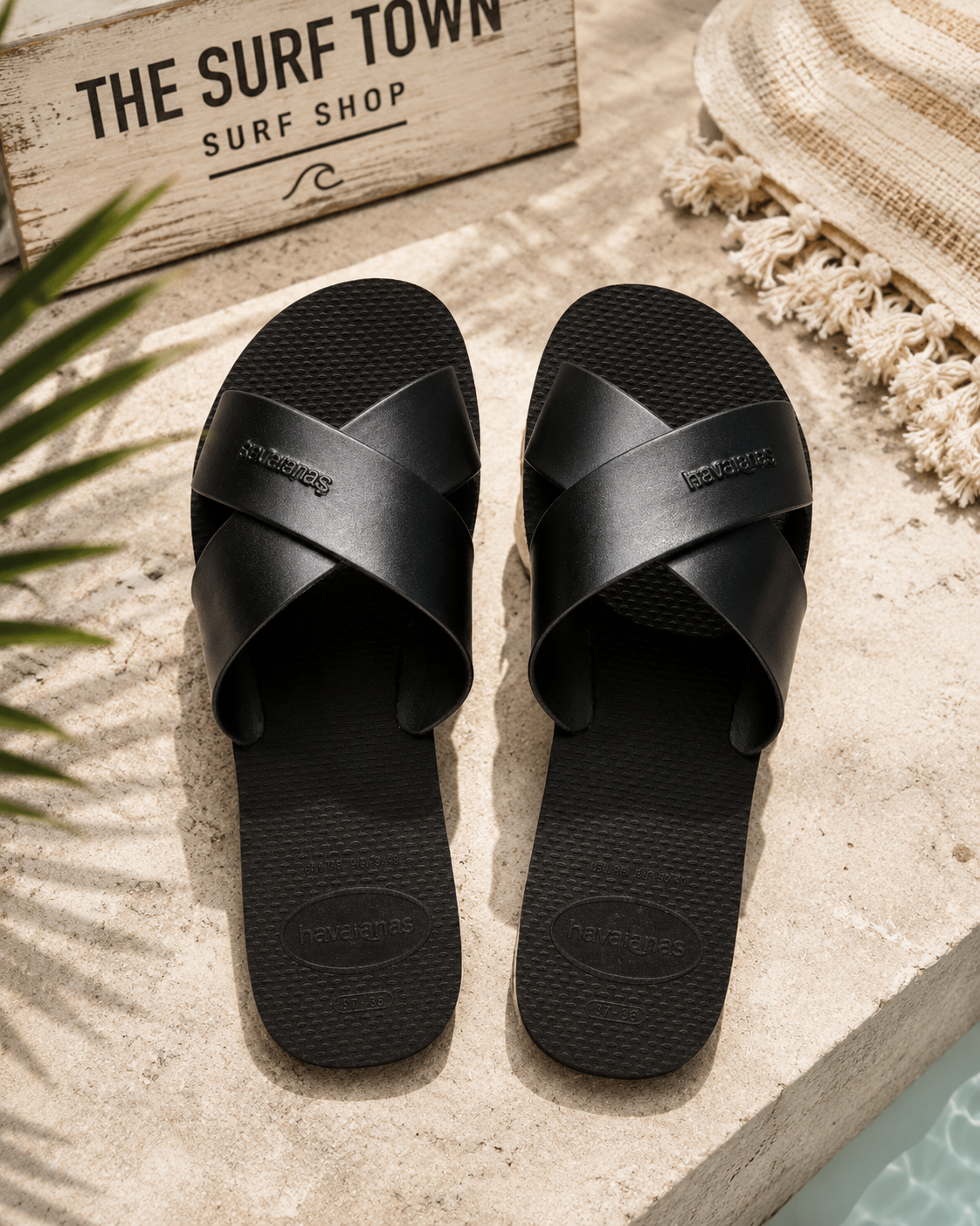 Sandalias Havaianas Aqua Metallic negras para mujer en escenario beach club mediterráneo premium