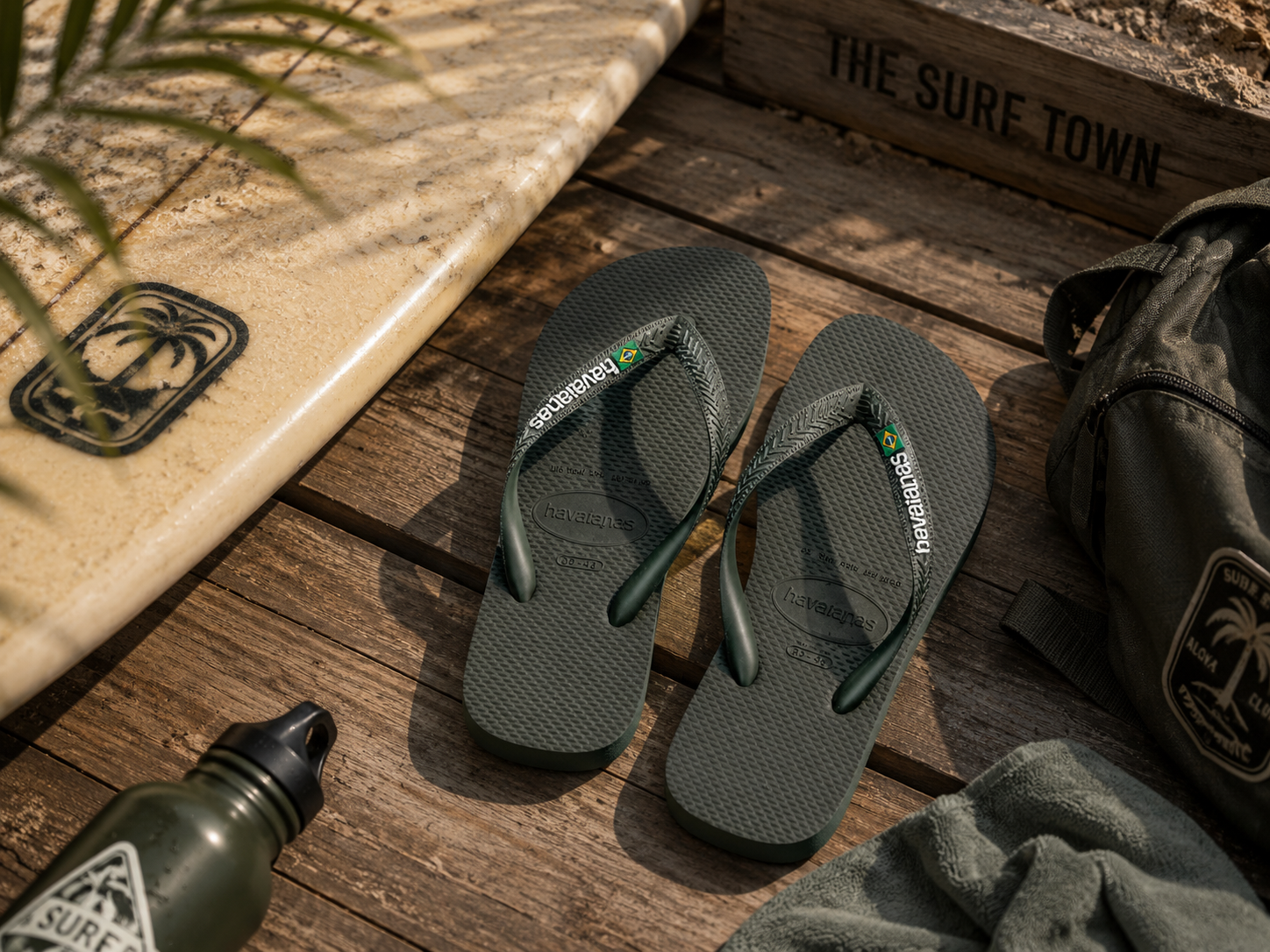 Chanclas Havaianas Brasil Logo verde olive sobre tarima de madera junto a tabla de surf y accesorios surferos en ambiente lifestyle masculino premium con detalle The Surf Town