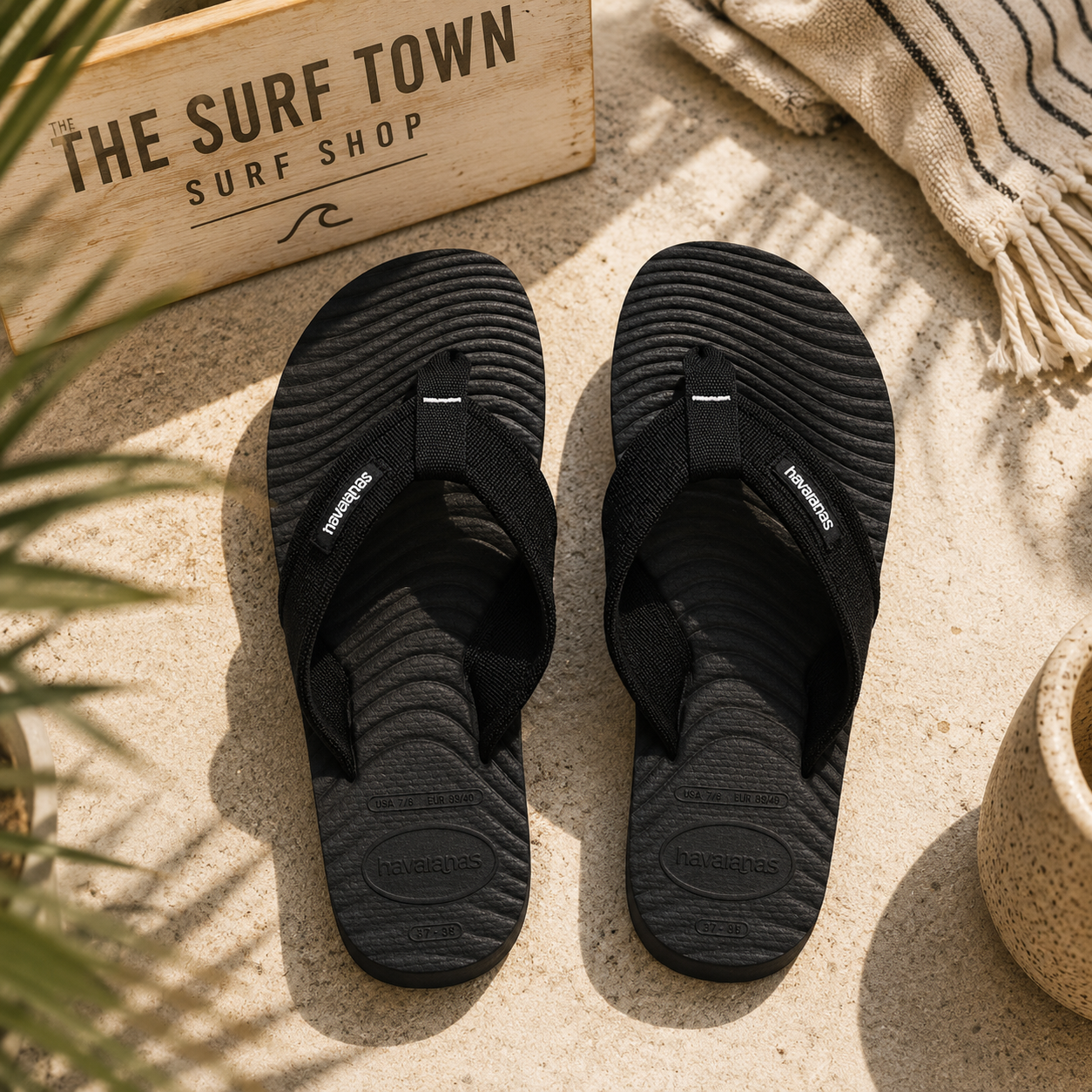Chanclas Havaianas Brasil Surfer Coast negras para hombre en escenario lifestyle surf mediterráneo premium