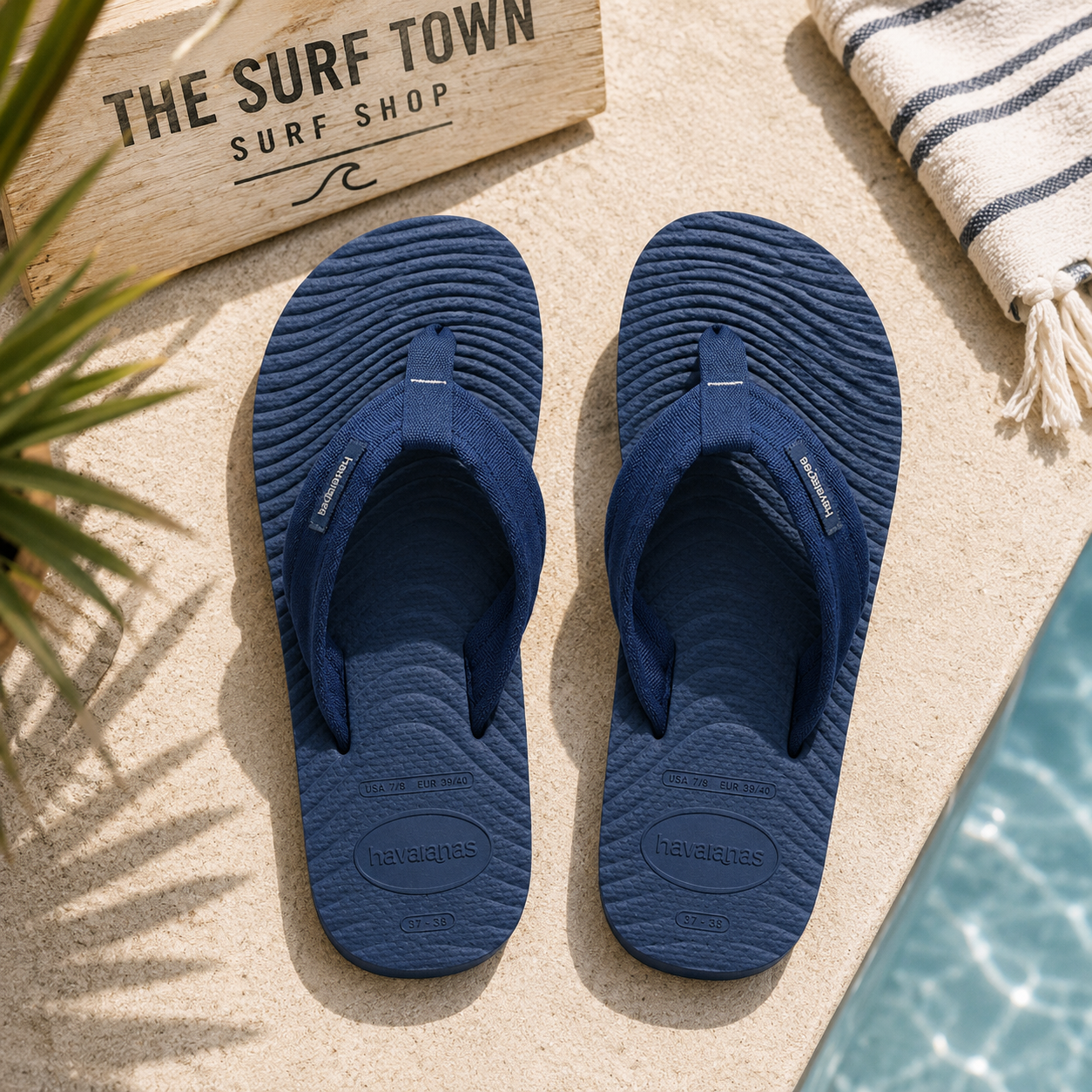 Chanclas Havaianas Brasil Surfer Coast navy para hombre en ambiente piscina mediterránea y lifestyle surf premium