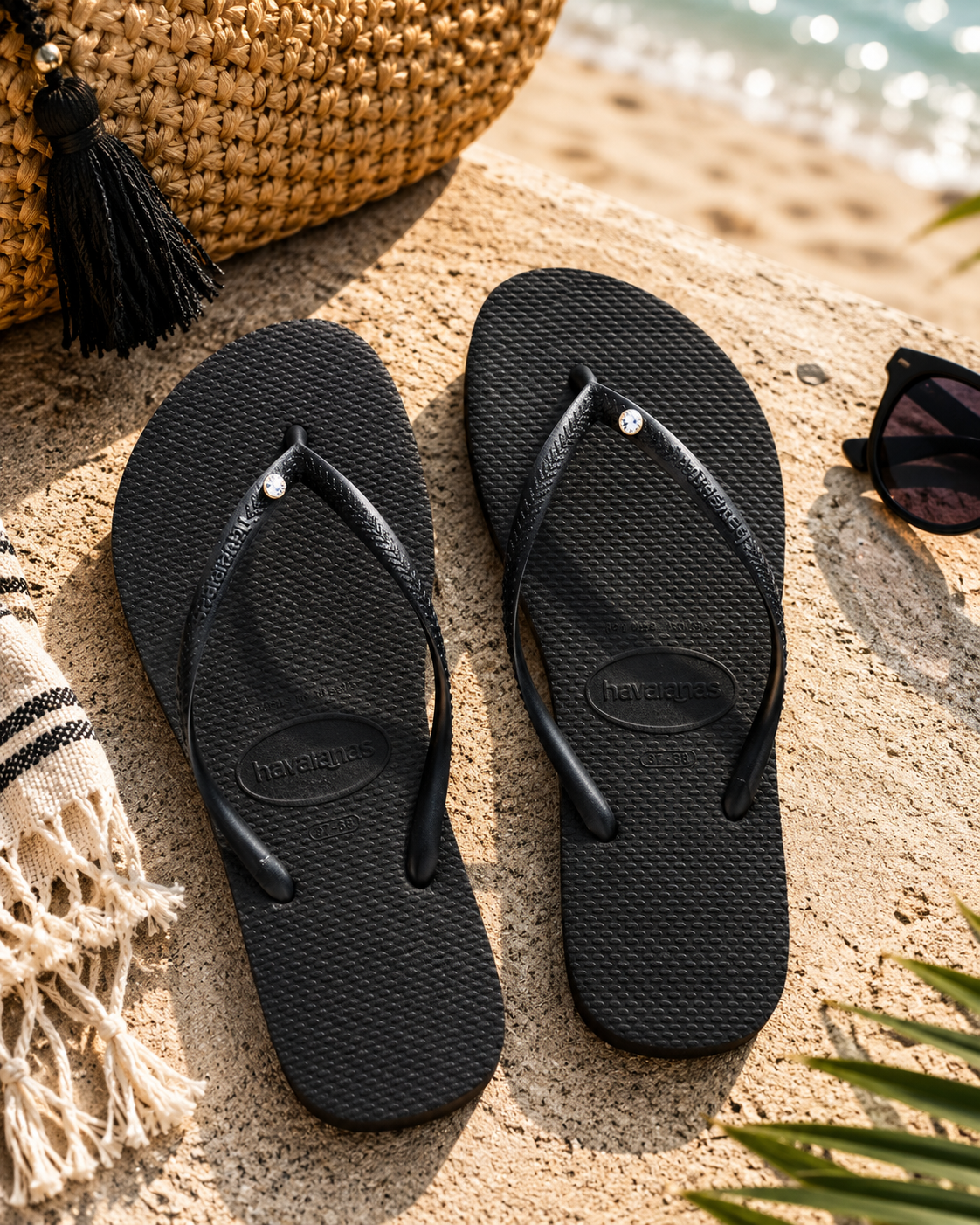 Chanclas Havaianas Slim Crystal negras para mujer en escenario playa mediterránea premium