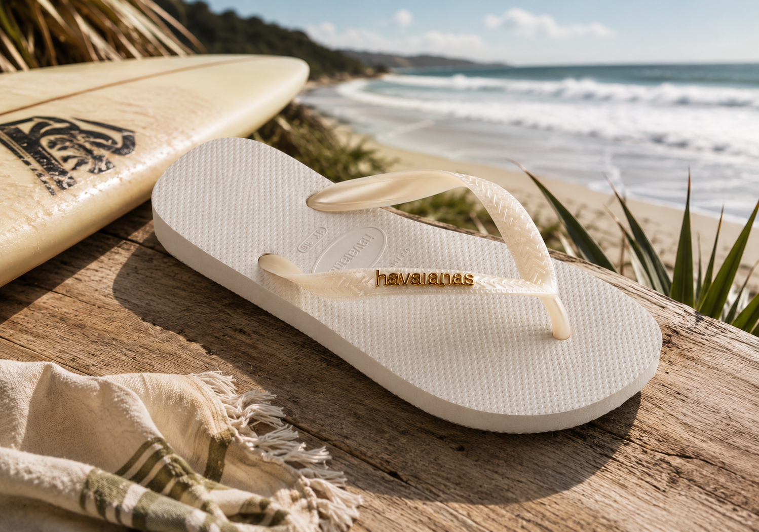 Chanclas Havaianas Slim Crystal blancas para mujer sobre mesa de madera frente al mar en ambiente surf lifestyle premium Costa del Sol