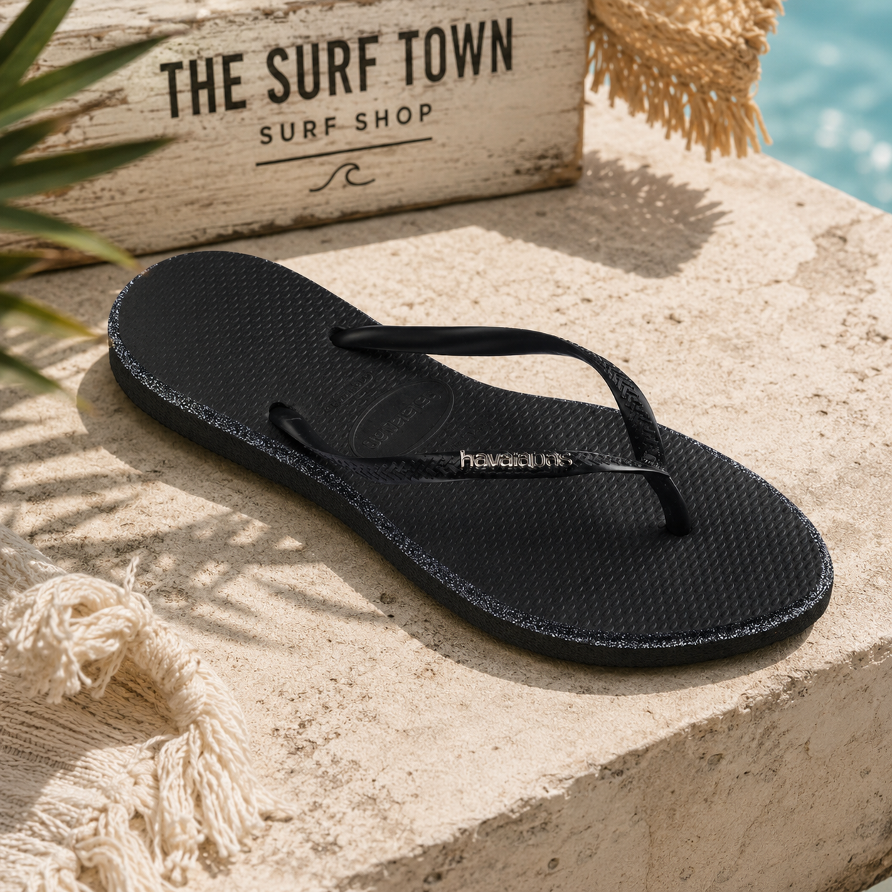 Chancla Havaianas Slim Glitter negra para mujer en escenario beach lifestyle mediterráneo premium