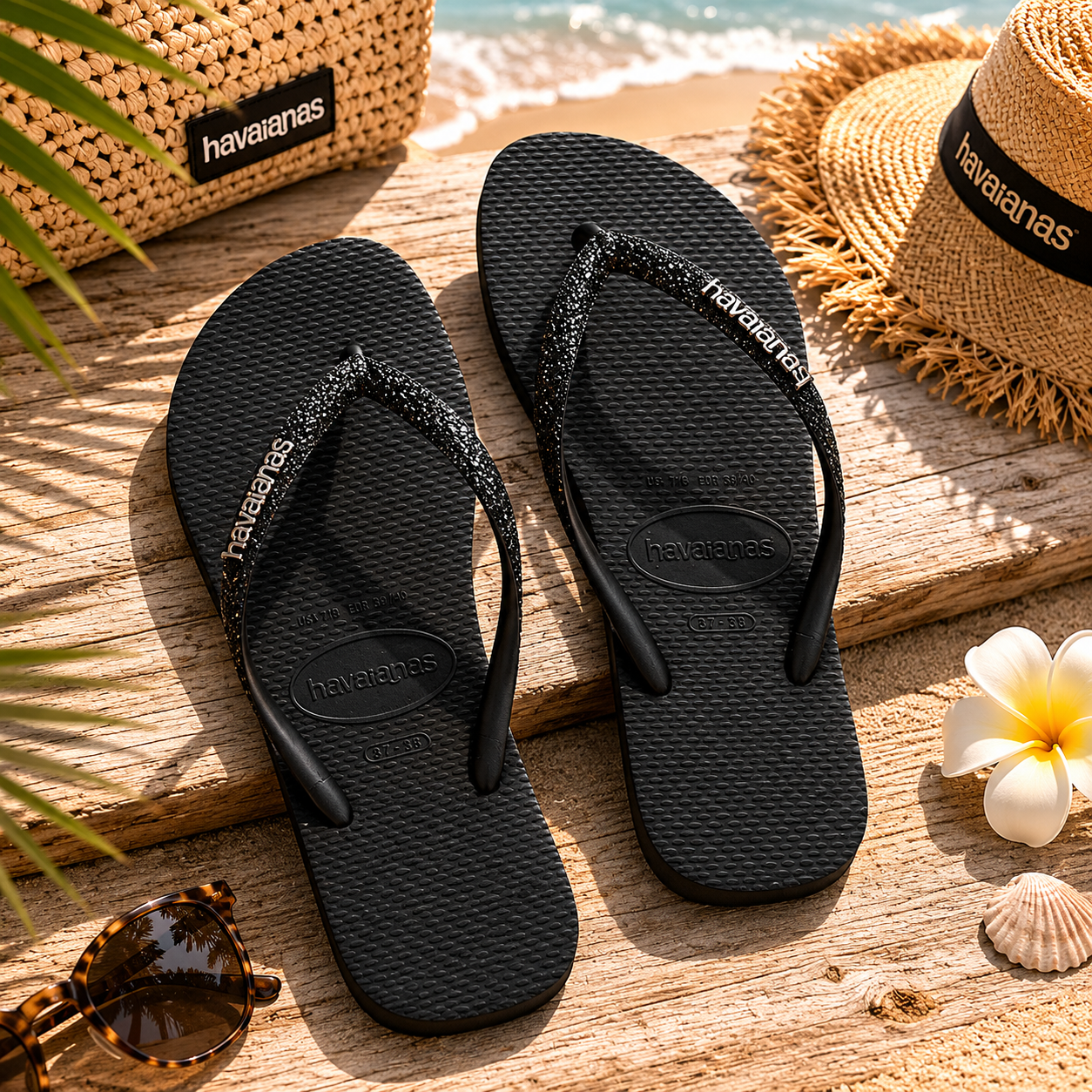 Chanclas Havaianas Slim Glitter II negras para mujer en escenario playa mediterránea lifestyle premium