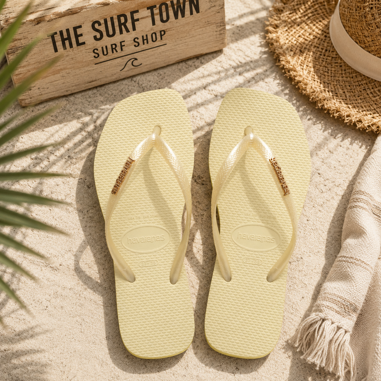 Chanclas Havaianas Slim Square Logo Metallic beige para mujer en escenario verano mediterráneo premium