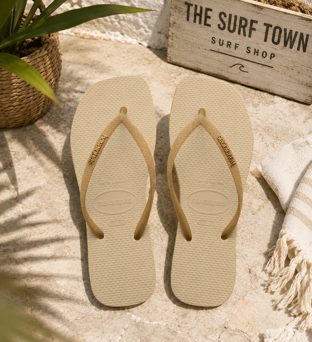 Chanclas Havaianas Slim Square Sparkle color sand grey para mujer en escenario beach club mediterráneo premium