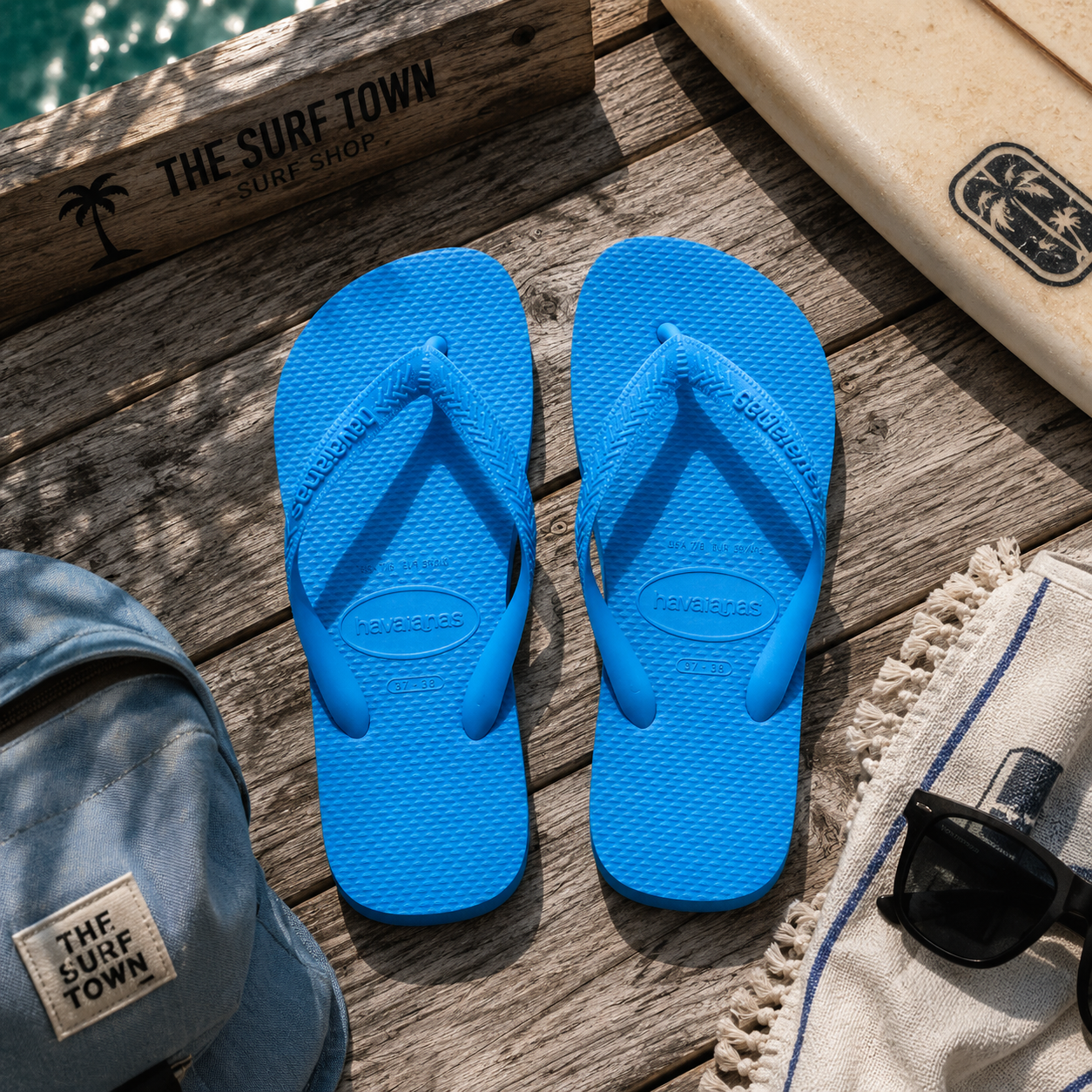 Chanclas Havaianas Top turquesa sobre tarima marina junto a accesorios surf y detalle The Surf Town Surf Shop en ambiente lifestyle veraniego premium