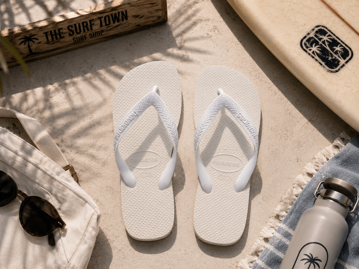 Chanclas Havaianas Top blancas sobre suelo mediterráneo junto a accesorios beach lifestyle y detalle The Surf Town Surf Shop en ambiente surf premium