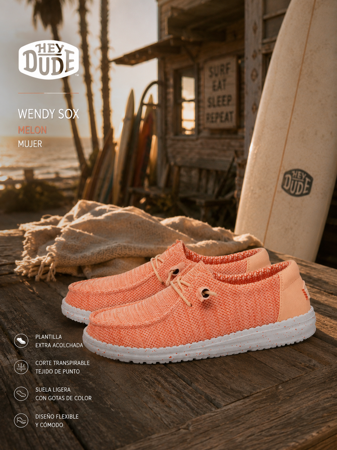 Zapatillas Hey Dude Wendy Sox Peach para mujer en escenario surf lifestyle premium junto al mar con estética coastal cinema y luz cálida editorial